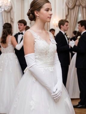Vintage new Long Evening Gloves in white with mother of pearl Button Detail 22”